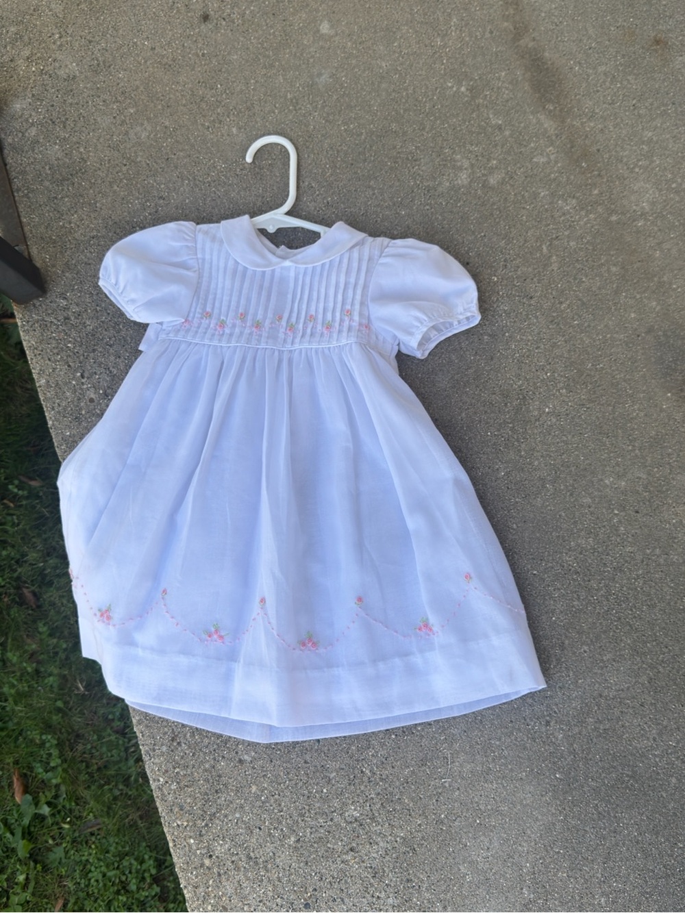 White Smocked Baby Dress with Pink Floral Embroidery